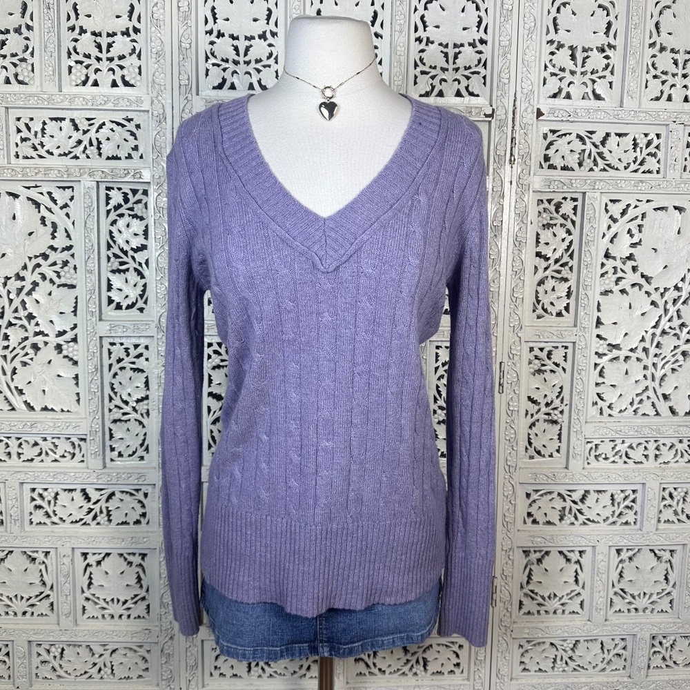 Ann Taylor Loft Dusty‎ Purple Cable Knit Wool Angora Blend V Neck Sweater Sz M